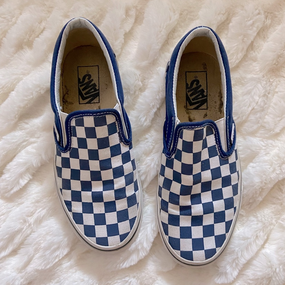 Blue and white checkered Vans